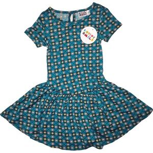 Dot Smile Girls Sz 3 4 Teal Pink Yellow Meadows Flapper‎ Dress Short Sleeve NWT